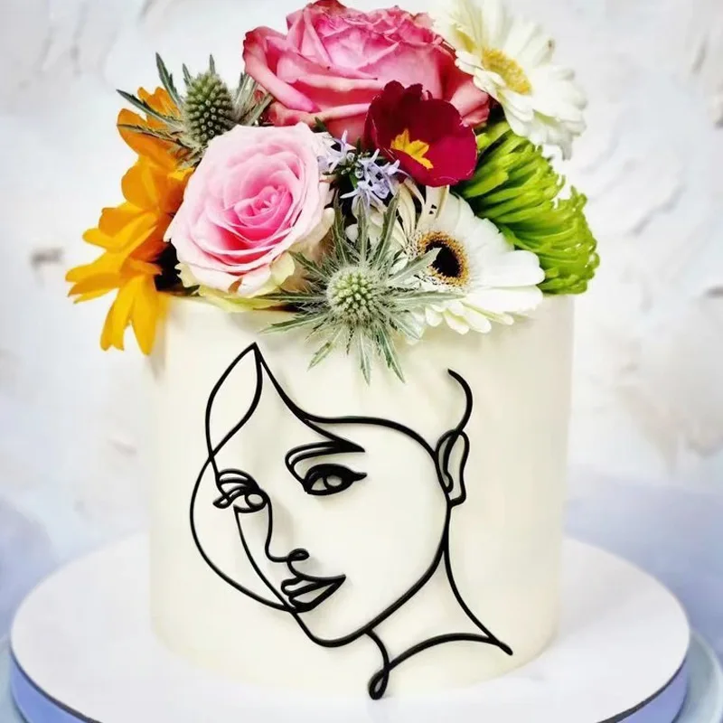 Abstract minimalist figure face art face line acrylic mirror paste cake decoration baking plug-in cake topper