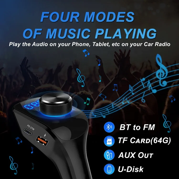 PD 27W BT Car Stereo BT Car Charger MP3 FM Transmitter Kit Hands Free call Aux output 3.5mm Audio MP3 Wireless BT Car Adapter