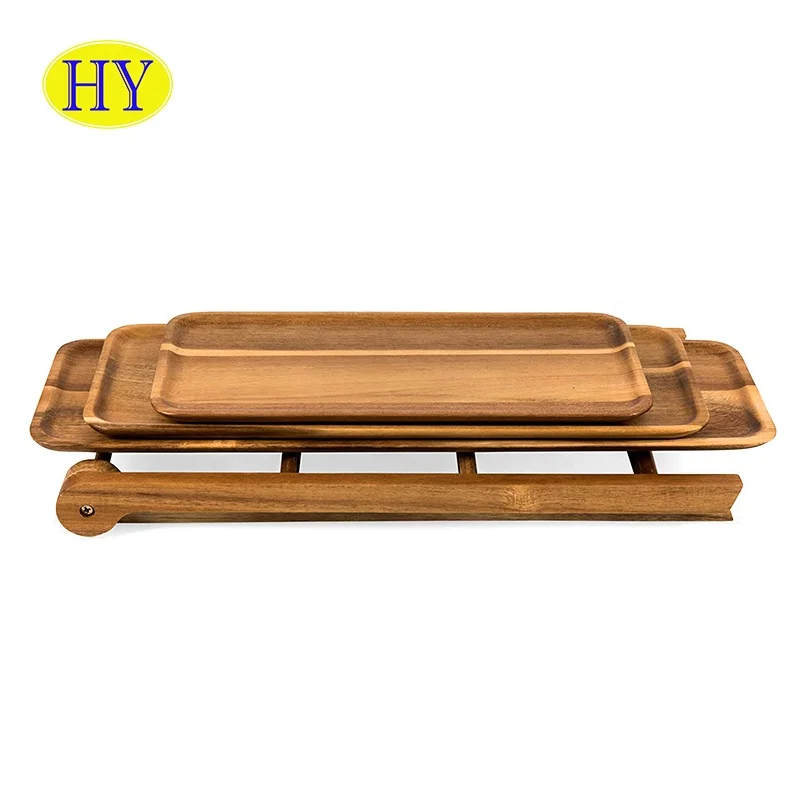 Custom rustic acacia wood serving trays Unfinished 3 Tier snack breakfast dessert rectangular Wooden Ladder Tray With Handle