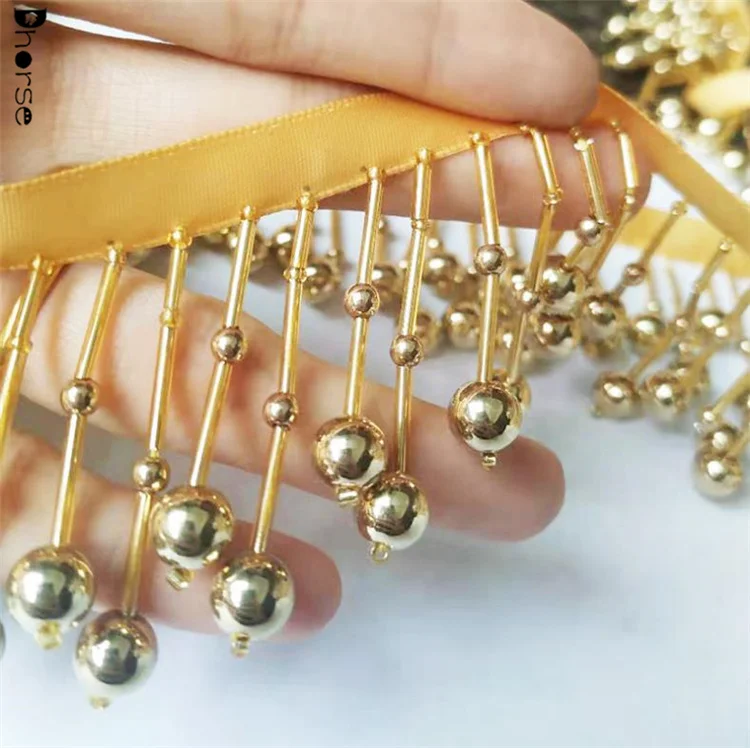 Factory direct fashion gold ball beads handmade custom beaded fringe trim