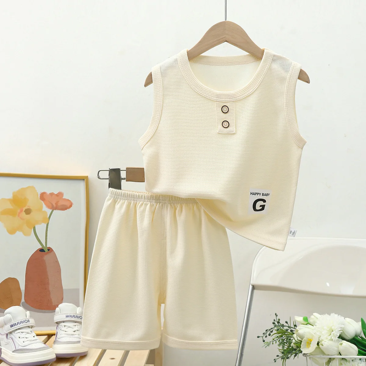 2024 new style baby clothes set popular hot sale summer children clothes set Two piece waffle vest wholesale good price.