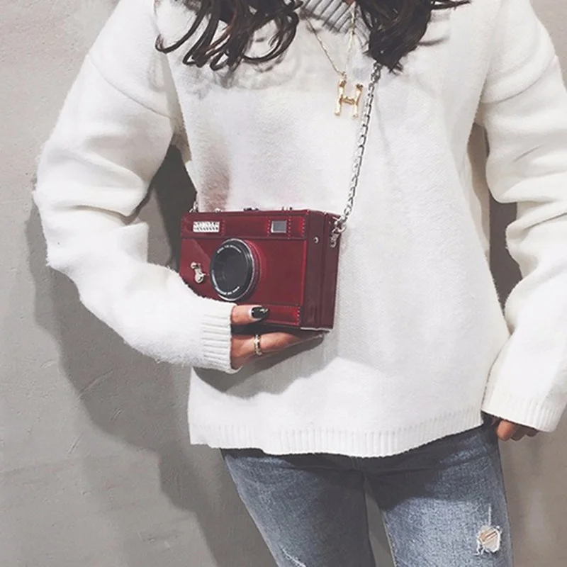 Fashion Personality Camera Removable Silver Chain Strap Zipper Mirror Leather Sling Mini Messenger Cross Body Clutch Bags