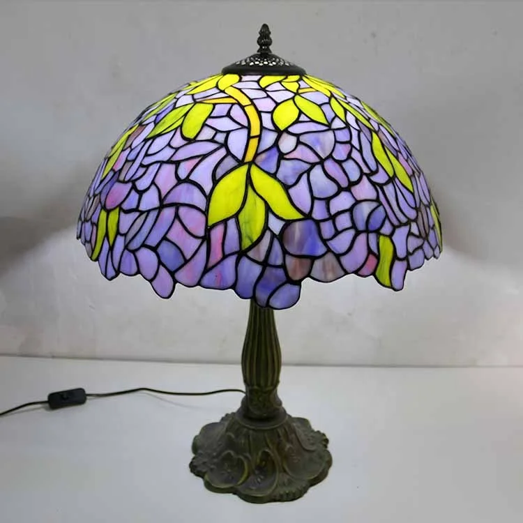 LongHuiJing Wisteria Stained Glass Lampshade Tiffany Table Lamps Antique Art Style Desk Lamp With Lotus Metal Base