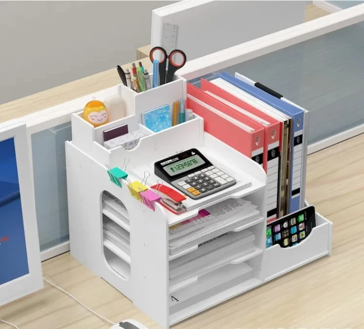 Hot Sale Multifunctional 4 Tiers Office Wood Desktop Organizer Supplies Storage Box Tabletop Binder Letter Trays With Drawer