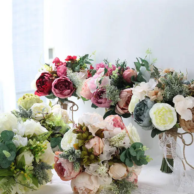 Partycool European Style Peony Bridal Shower Bouquet Silk Flowers Handmade Artificial Wedding Bridesmaid Hand Flower Bouquets