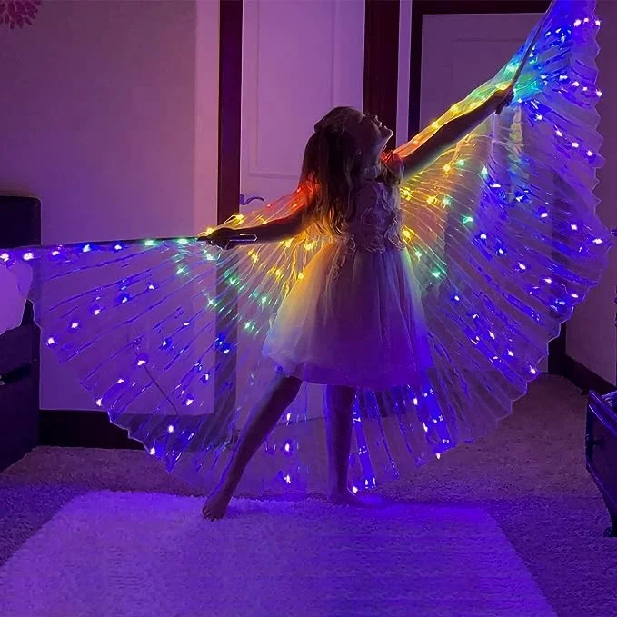 Kids Light Up Wings LED Butterfly Wings Belly Dance Wings with Telescopic Stick for Stage Show Halloween and Christmas Party