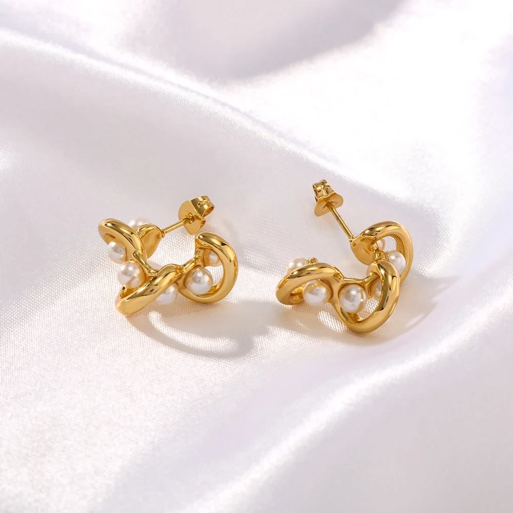 Trendy new geometric large C-shaped irregular lines wrapped pearl earrings elegant and charming ladies 18K gold plated