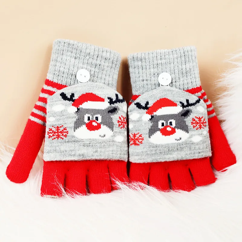 Ladies Teenager Winter Half Finger Thickened Warm Knitted Christmas Cartoon Cute Gloves