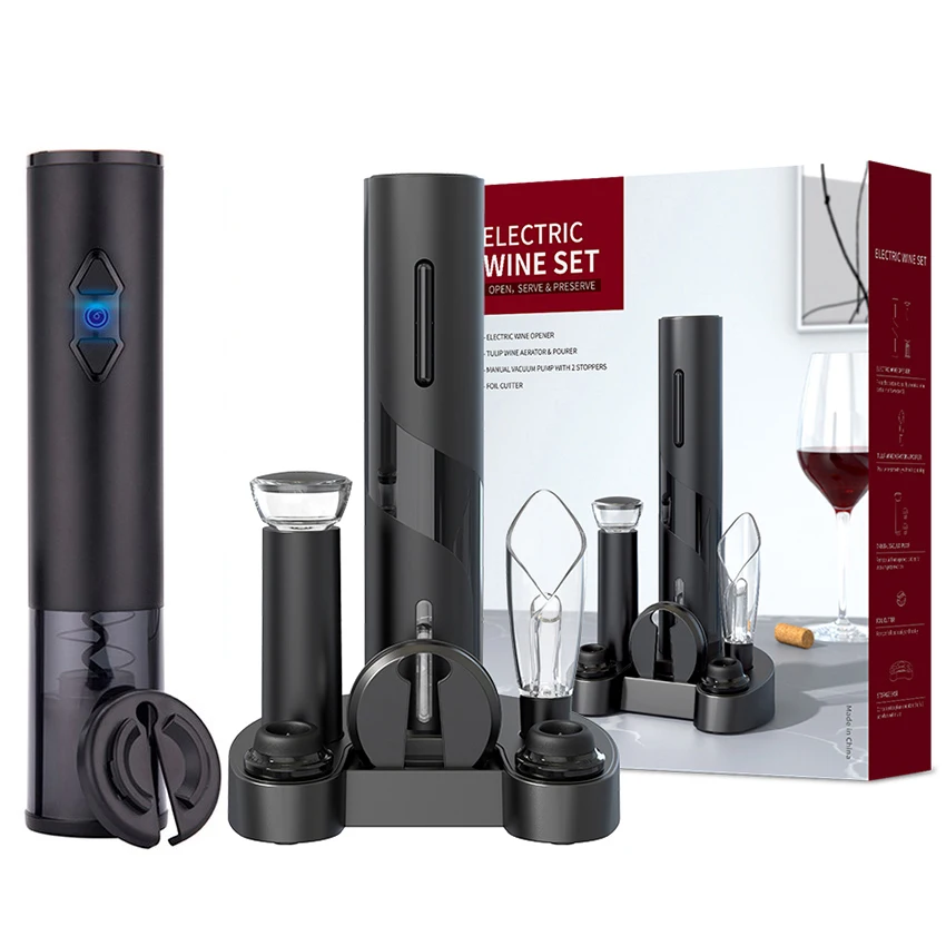 Top Seller Custom Automatic Electric 5 in 1 Battery Operated Electric Red Wine Bottle Opener Corkscrew Kit Set
