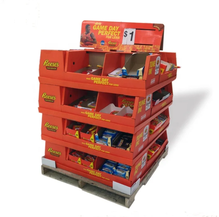 
Chocolate Floor Stand Retail Cardboard Paper Pop Corrugated Display Shelf Biscuit Display 