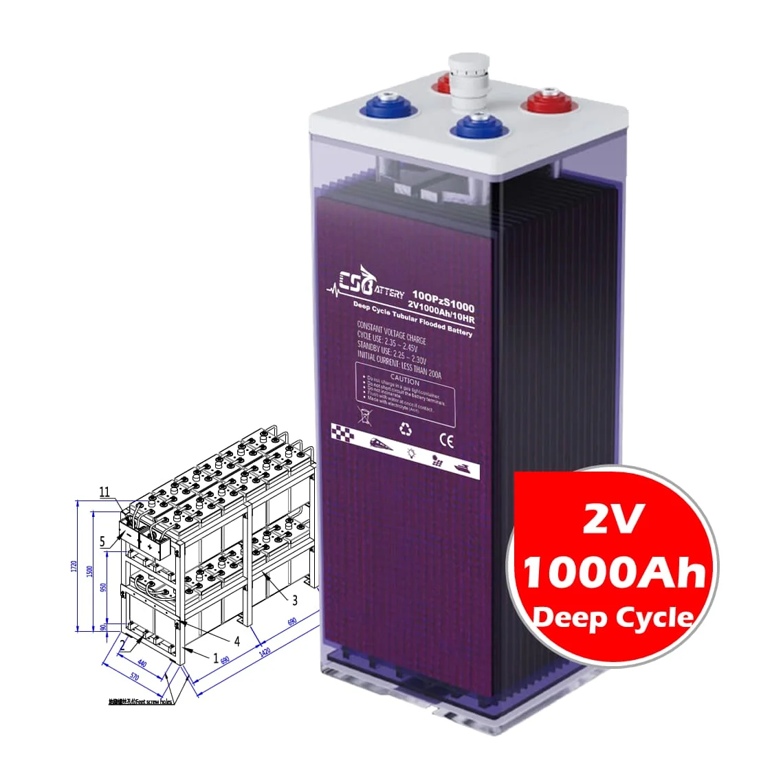CSBattery 2V 1000Ah Rechargeable  Tubular gel OPzS Battery -  UPS,telecom China factory OPzV2-1000 10OPzS1000 Ava