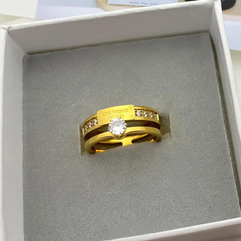 Fashion Double Layer 18K Gold Plated Stainless Steel Zirconia Rings Women