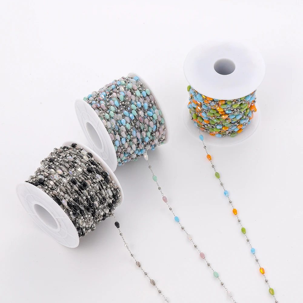 Handmade clavicle necklace chain selling by roll stainless steel spacer balls and drop crystals link chain