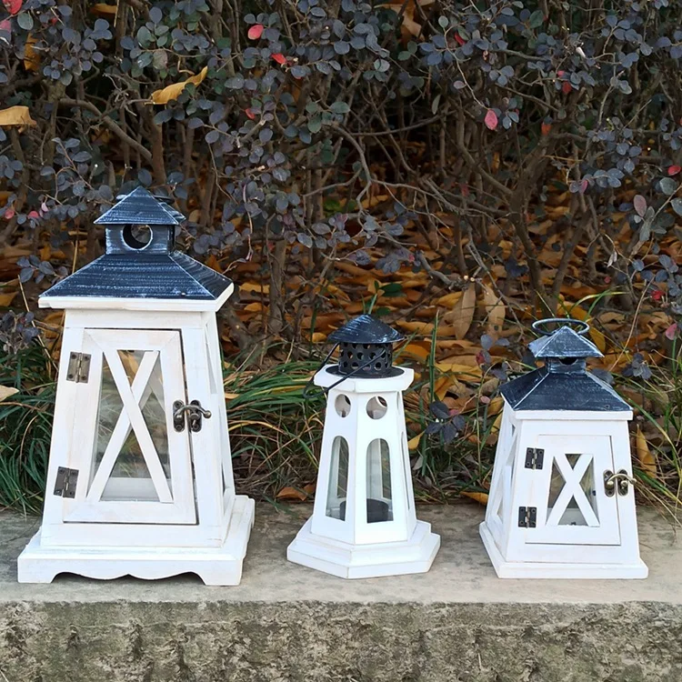 Outdoor Garden And Indoor White Wood GLass Lantern Handmade Decorative Wedding Wooden Candle Lantern