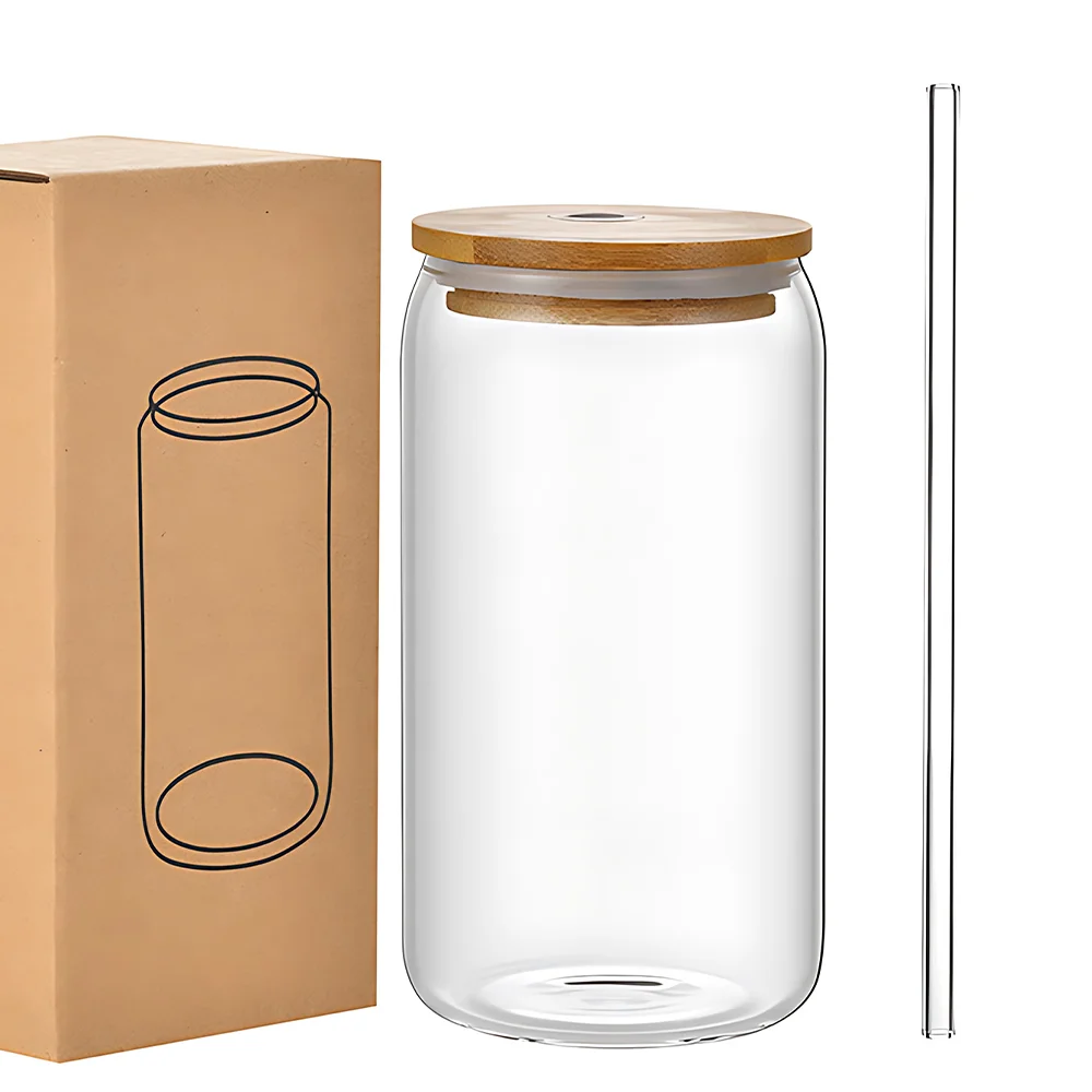 2024 QUAFF Bamboo Beer Mug 16oz Custom Glass Cups with Lids Straws Sublimation Mug for Coffee Tea Drinks High Quality for Home