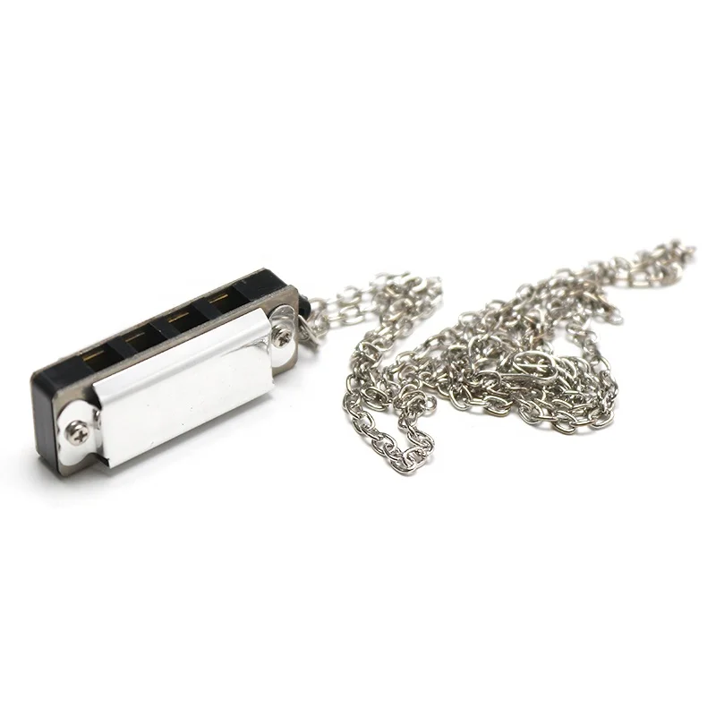 Necklace Style Metal Mini Harmonicas Music Harmonica Professional 4 Hole 8 Tone Harmonica, Metal Chain Necklace Style, Silver,