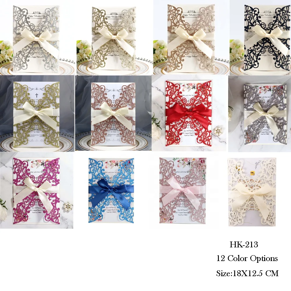 Custom Glitter Laser Cut Wedding Invitations with Ribbon and Envelopes Personalized Wedding Invitation Card