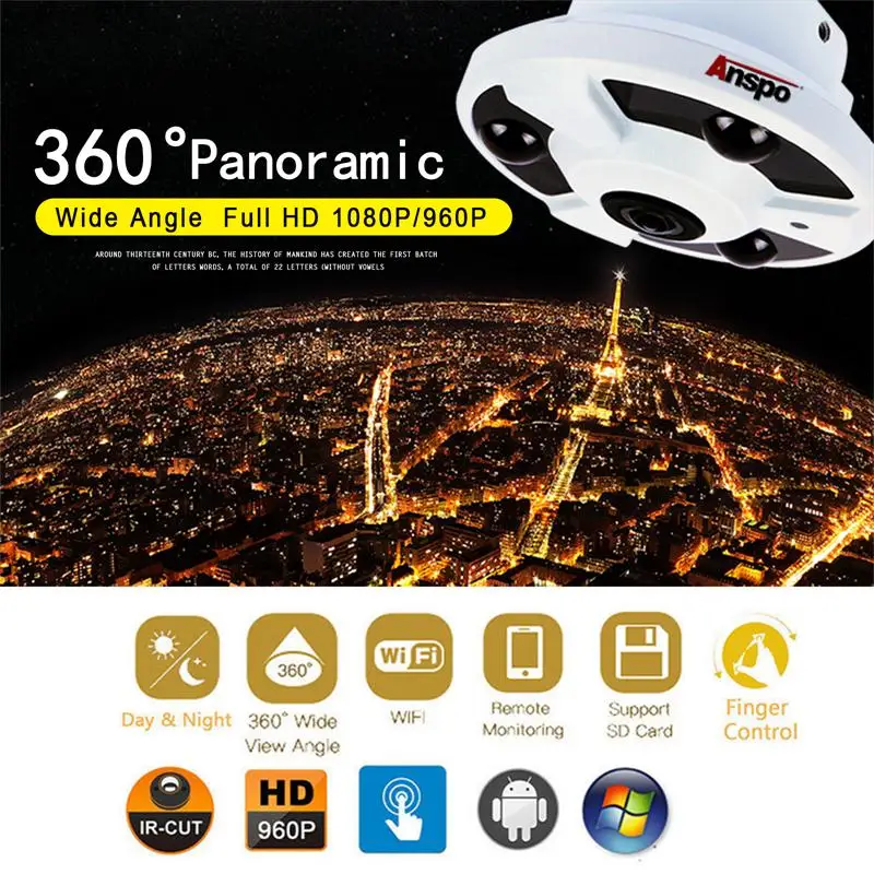 Anspo Wifi 2MP Resolution Hidden Camera Indoor Fisheyes 360 Degree Camera Factory Direct