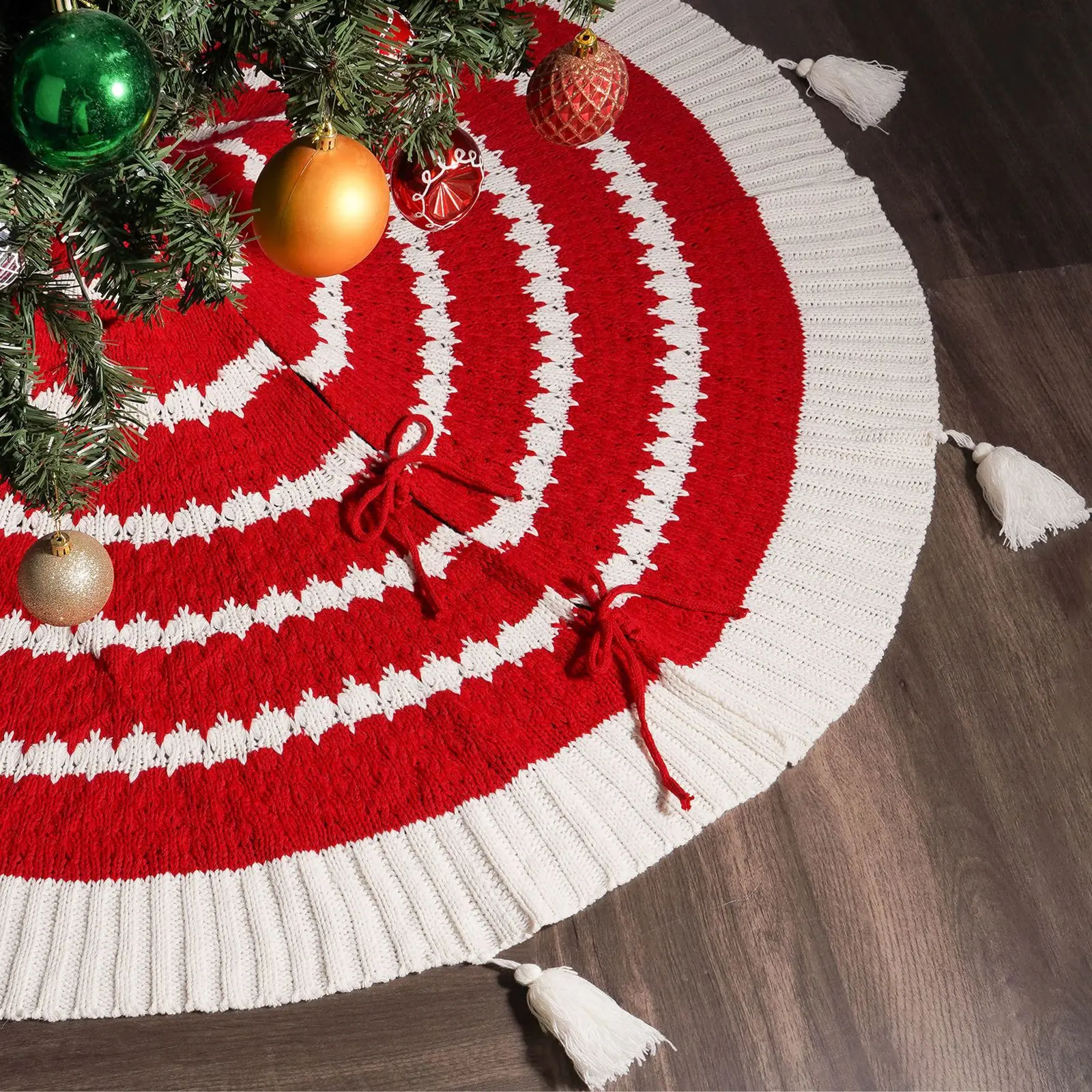 KG Xmas New Design Noel Navidad 48inch Large Round Luxury Red White Knitted Fabric Tree Dress Decoration Christmas Tree Skirt