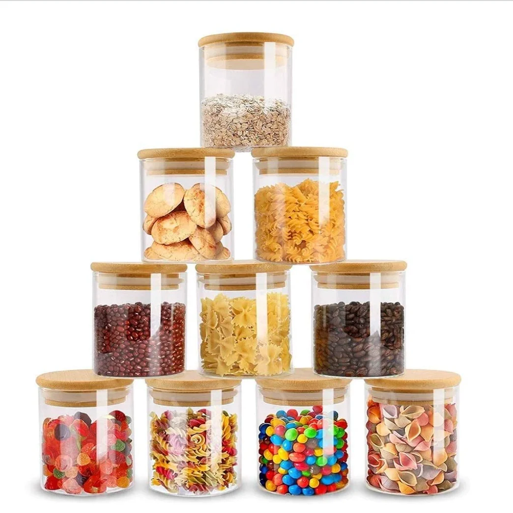 Лидер продаж контейнеры для хранения пищевых продуктов с герметичными деревянными бамбуковыми крышками маленькая стеклянная банка специй и трав домашней кухни