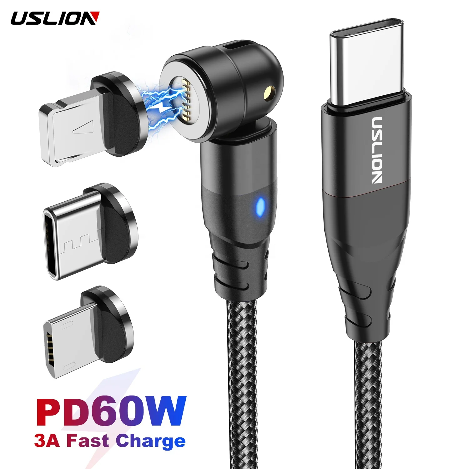 Магнитный кабель USLION PD 60 Вт, магнитное зарядное устройство для быстрой зарядки, магнитное зарядное устройство Micro USB Type-C, светодиодный кабель для iPhone 12, Xiaomi, провод для передачи данных, шнур, кабель