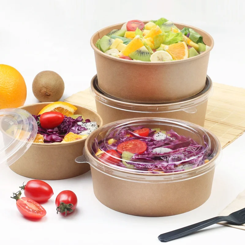 Disposable Fruit Salad Container Packaging Take Away With Lid Disposable Paper Salad Bowl Box