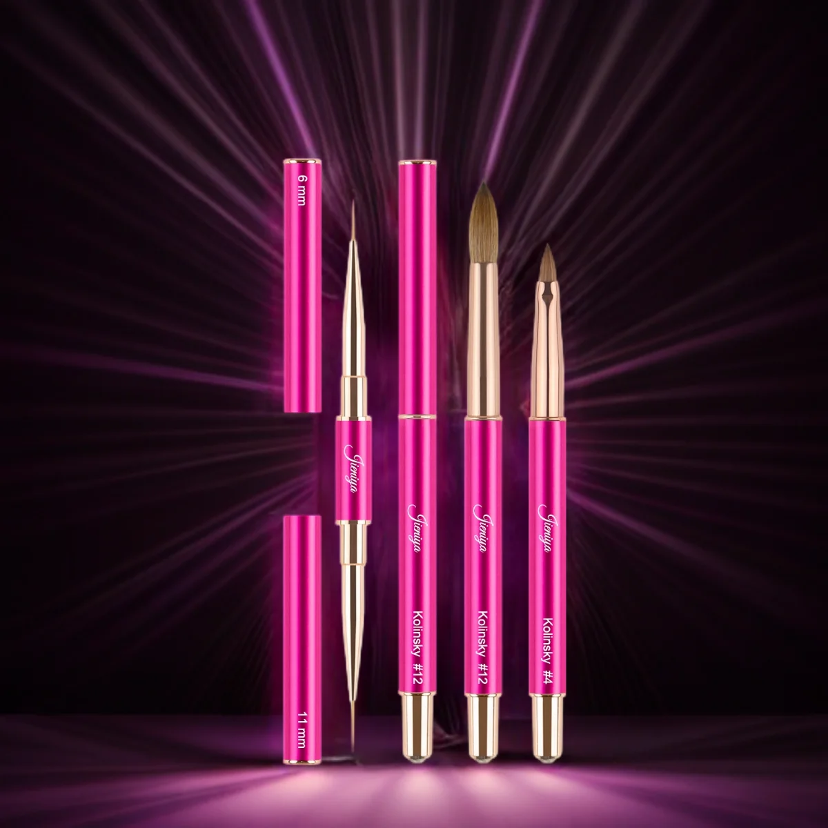 Customized LOGO Kolinsky And Nylon Pink Metal Handle 3D Nail Art Brush Set Painting UV Gel Nail At Liner Brush acrylic brush