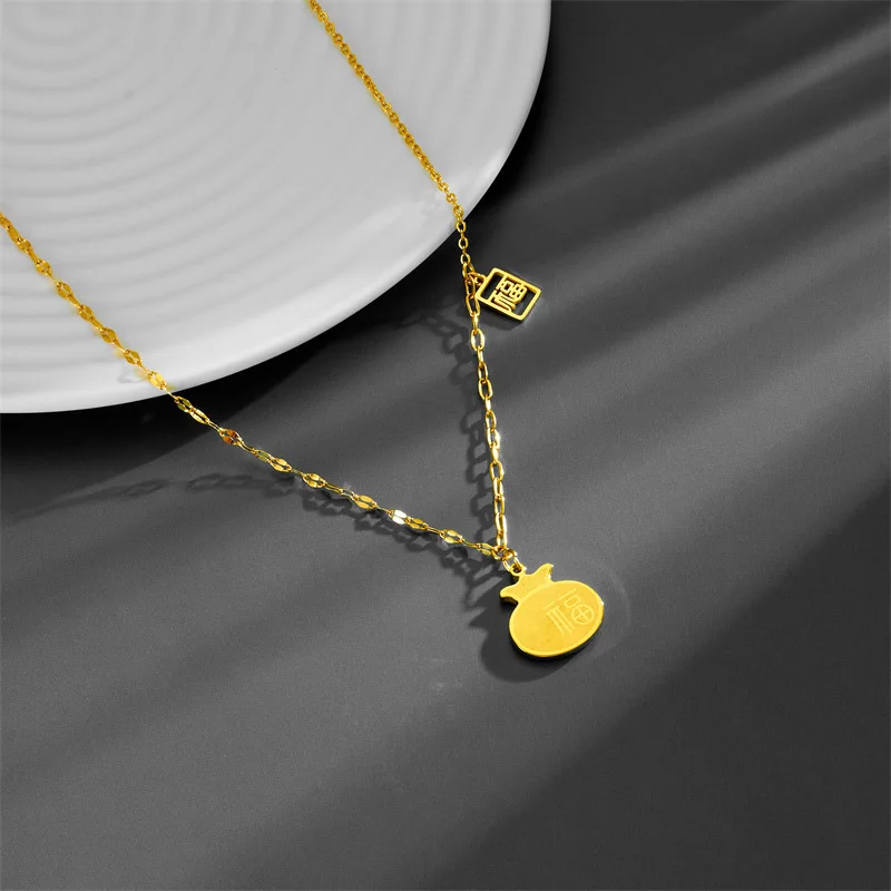 Titanium Steel Blessing Card Necklace Female Chinese Style Light Luxury Temperament Gourd Purse Fortune Clavicle Chain Net Red-F
