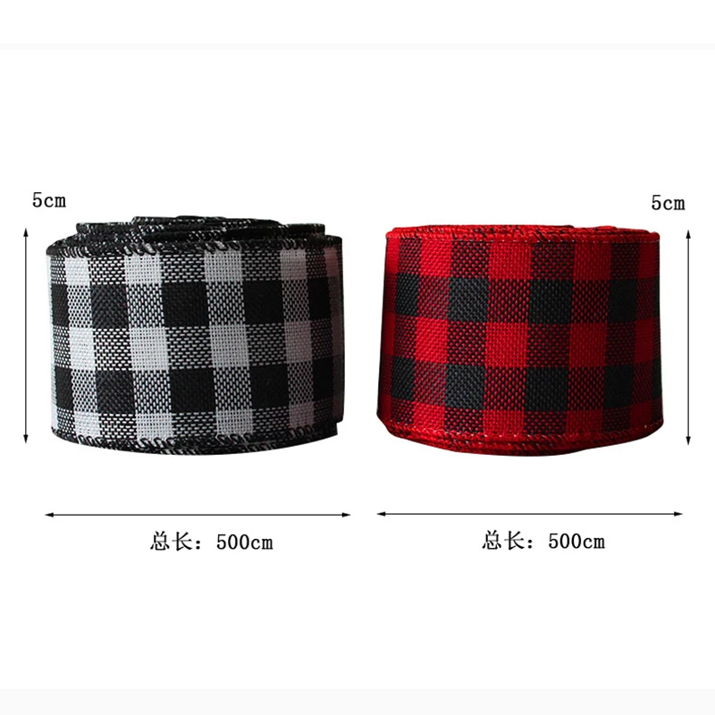 
5M / Roll Black Red Ribbon Wire Thread Floss Edged Burlap Ribbon Plaid Wired Ribbon Christmas Decoration Gift Packing Webbing 