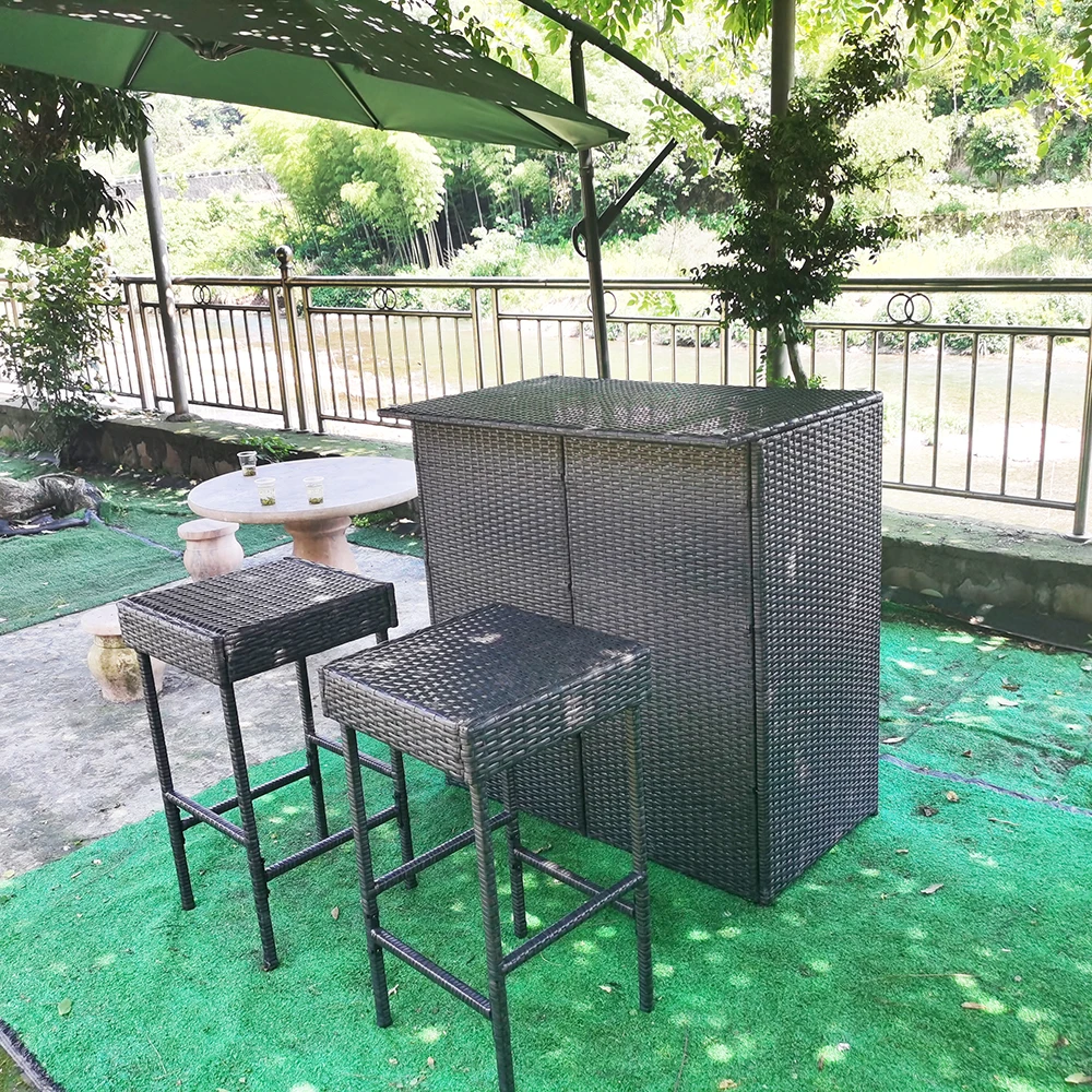 3pcs  Chair Bar Set Rattan Steel Frame Rattan Outdoor Furniture Patio Bar Set With Table and Chairs