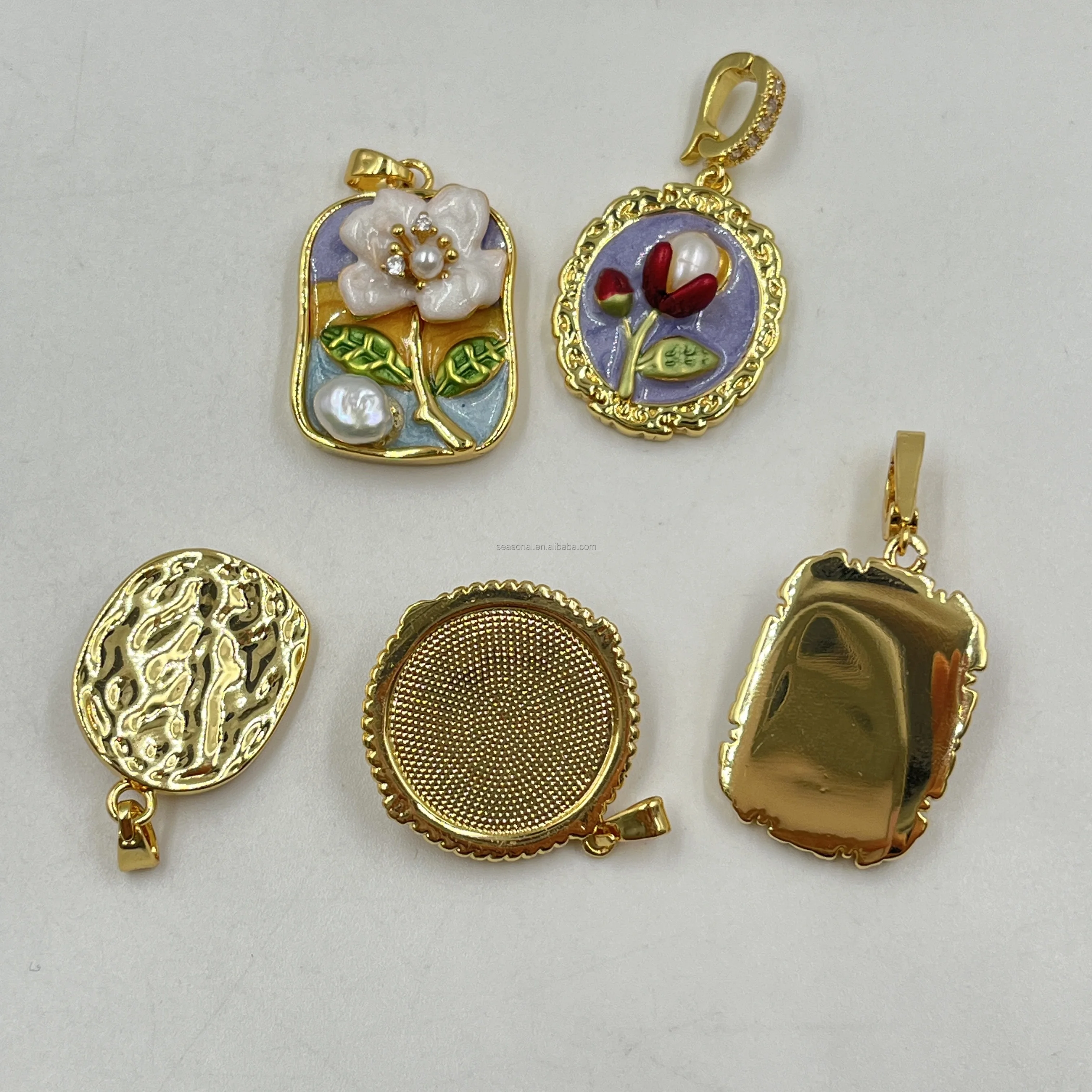 Vintage oil painting style necklace pendant metal necklace flower pearl DIY fashion jewelry