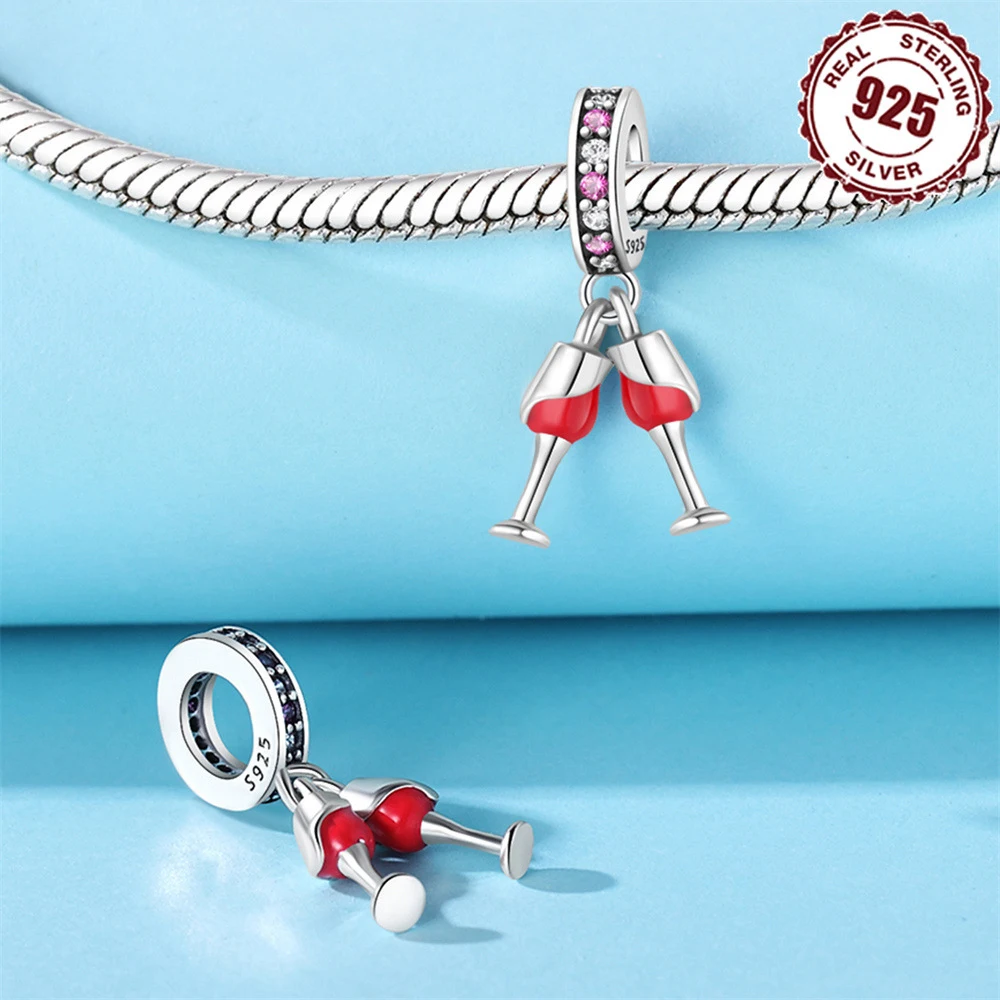 S925 Sterling Silver Red Wine Cup Pendant Coffee Machine Coffee Bean Charm Fit For Original Bracelets Bangle Necklaces Chain