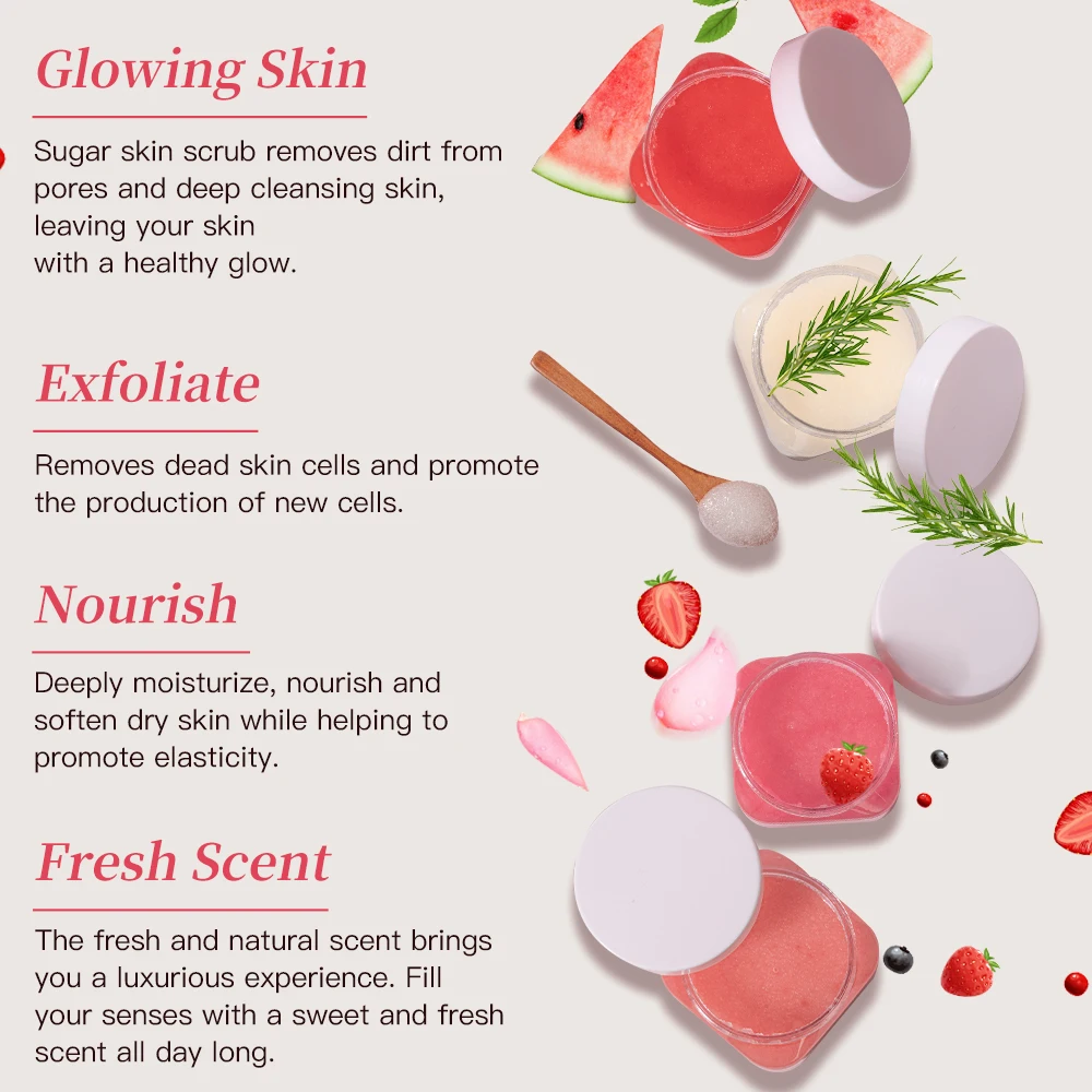 Manufacturers custom with logo vegan natural organic wholesale exfoliating whitening women scrubs sugar scrub foot body scrub