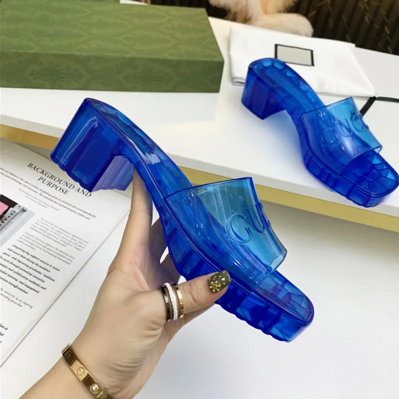 Latest Design Women Heel Slippers Hot Sale Summer Luxury Ladies Slippers Fashion Designer Jelly Color Outer Wear Slippers