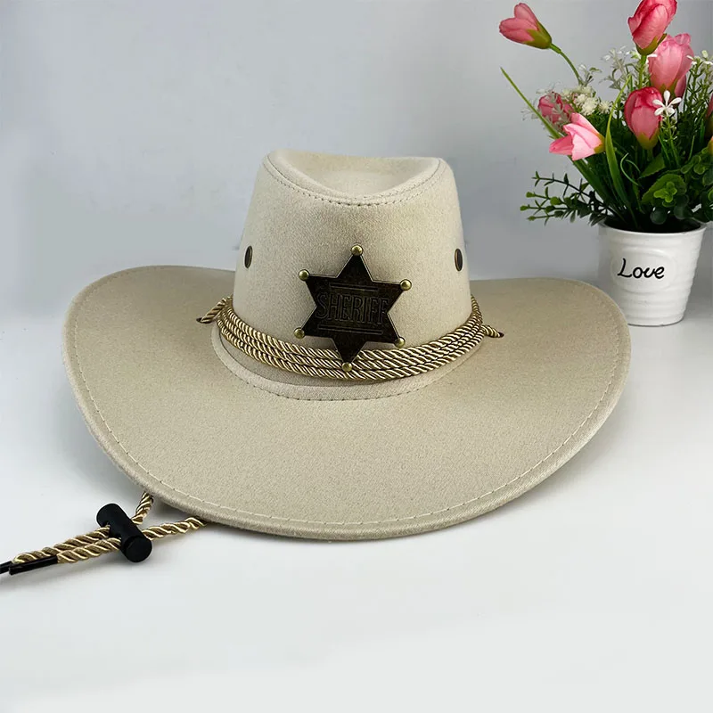 Western Cowboy Retro Sheriff Sunscreen With Wind Rope Hat Men And Women Horseback Riding Tourism Fishing Sunshade Cap