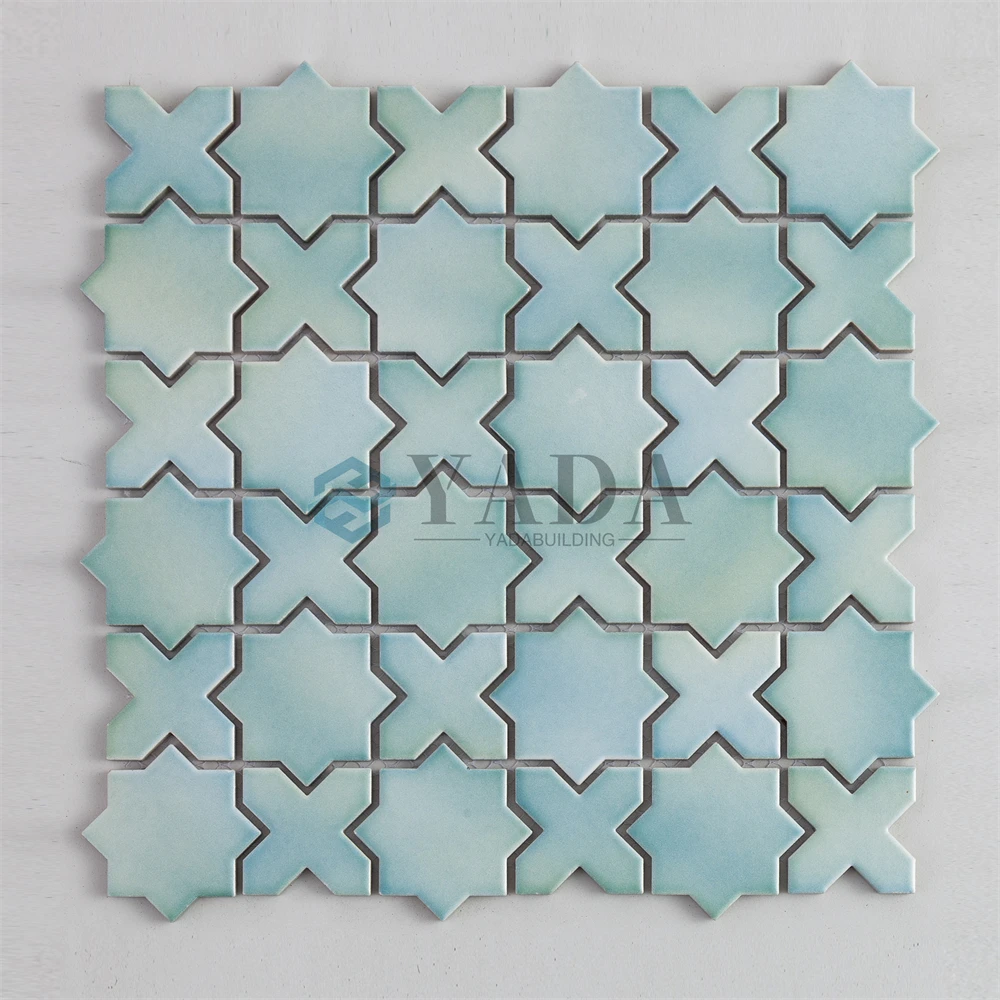 Глянцевая светло-зеленая глазурованная мозаичная керамическая настенная плитка со звездами и крестом