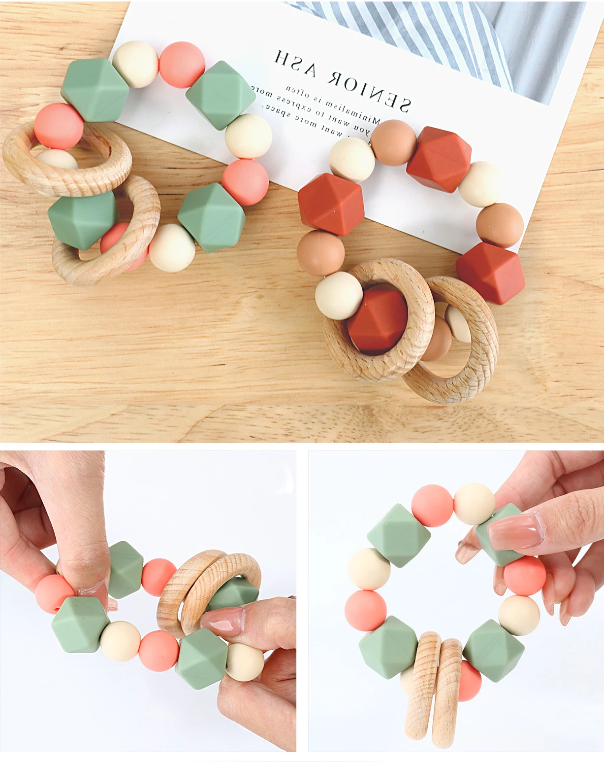 Newborn round unisex wooden teething ring senory chewable rattles toy beech cute soft infant silicone baby teether for gift