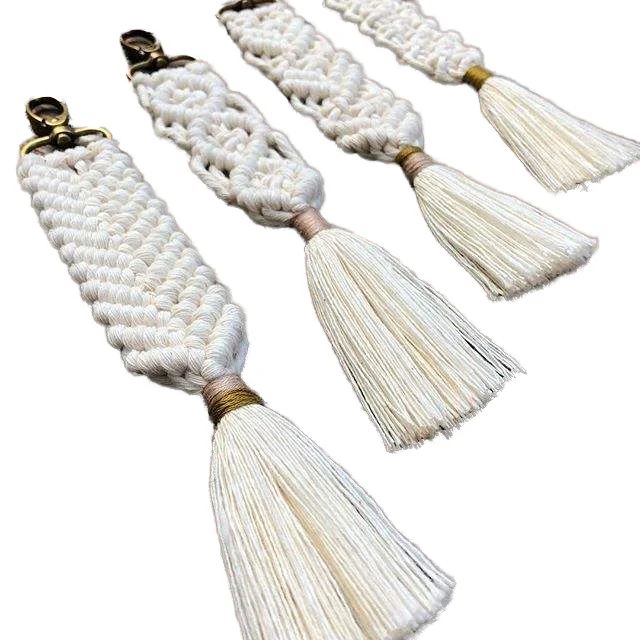 Lovely Natural Boho Macrame Keychains 100% Pure Cotton Rope Handmade Embossing Printing Key Chain Accessories for Purse or Car