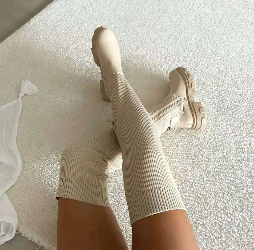 Black Flat Knitted Chunky Thigh High Boots Beige Stretch Over The Knee