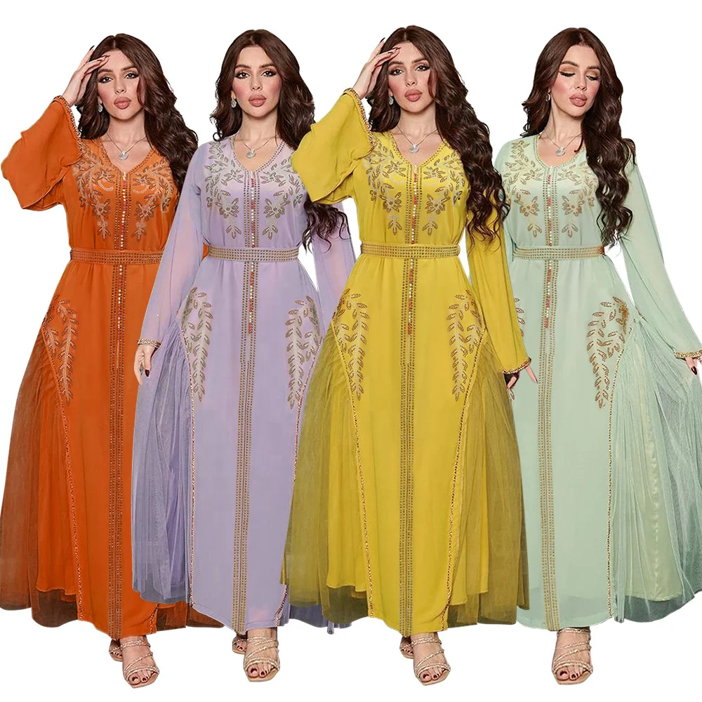 2023 Middle East Arabic Dubai Robes  Diamond Studded Bead Tulle Dress Women Kaftan Abaya Muslim Dresses