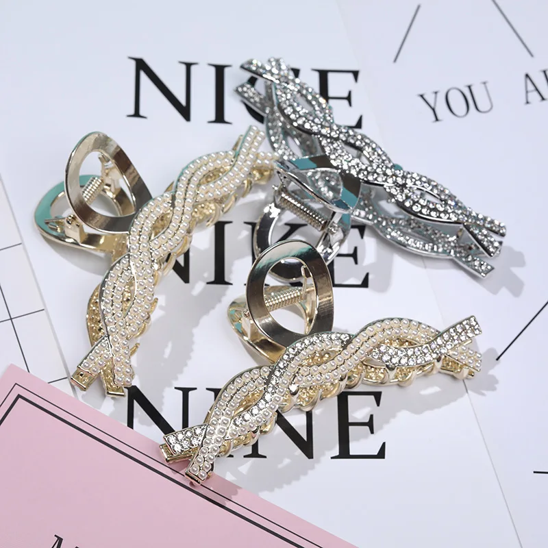 CYX670 Fashion Simple New Hair Accessories Ins Gold Plated Crystal Rhinestone Metal Pearl Shark Large Hair Claw