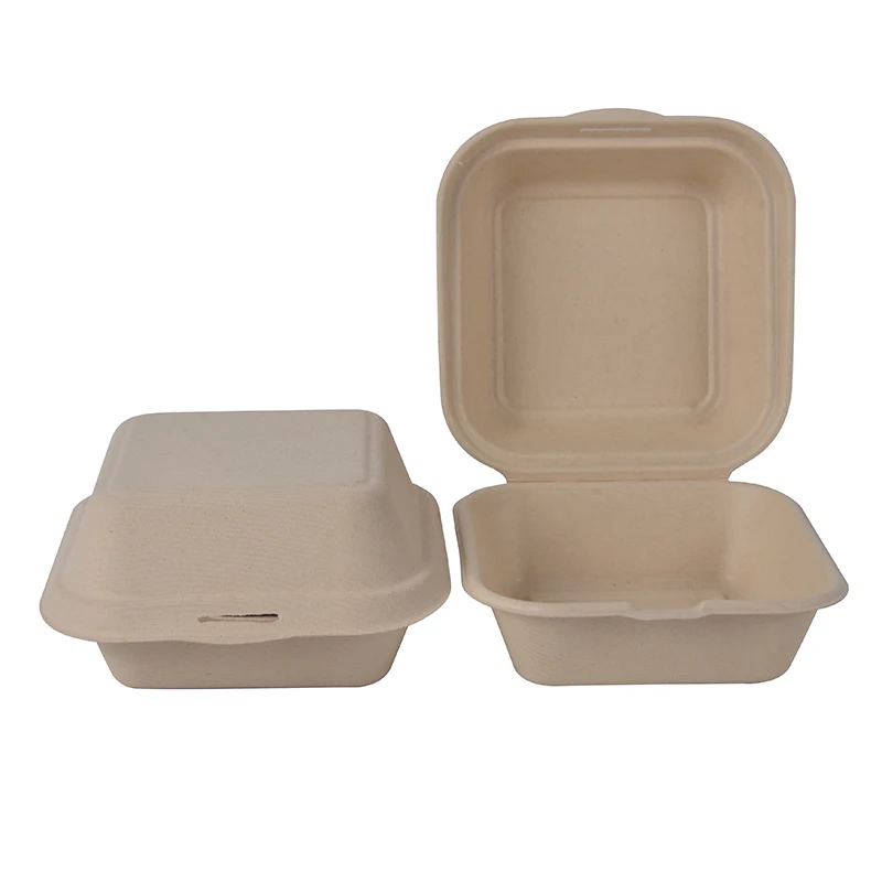 Disposable clamshell food containers compostable sugarcane bagasse lunch box plate dish oval round white & brown