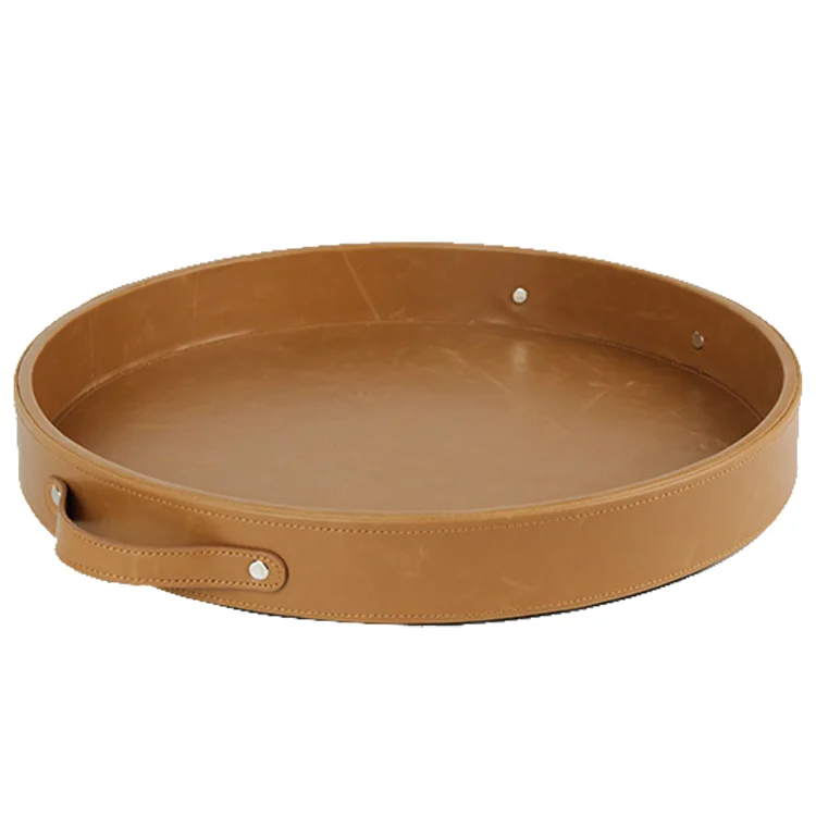 Custom Handmade Vintage PU Leather Round Serving Tray with Handles