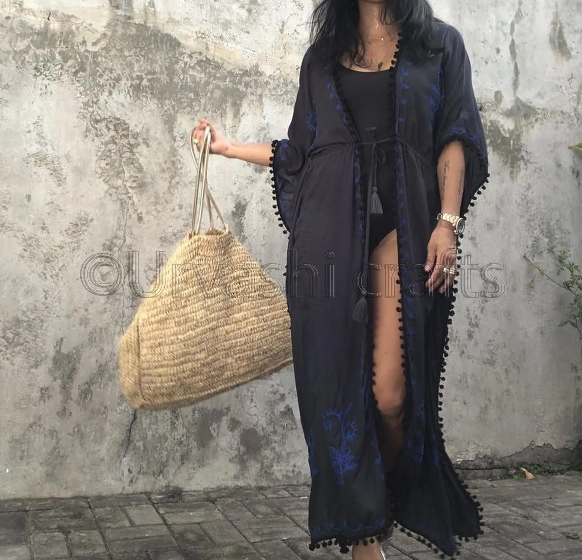 Women Stylish Hand Embroidered with Pom Pom Black Lace Open Front Long Kimono Beach Cover Up