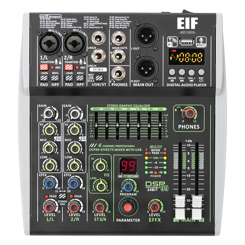 4 Channel Stereo 48V Phantom Power Mobi 99 DSP Effects Bluetooth USB Computer Play Record Podcast X4 Audio mixer