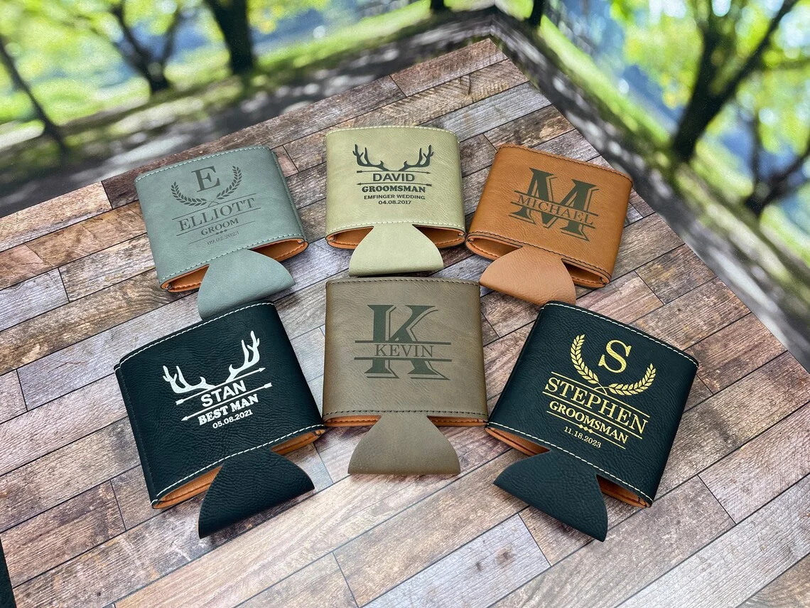 Custom logo  Luxurious  PU Leather Can,beer  cooler Holder for Groomsmen Gift