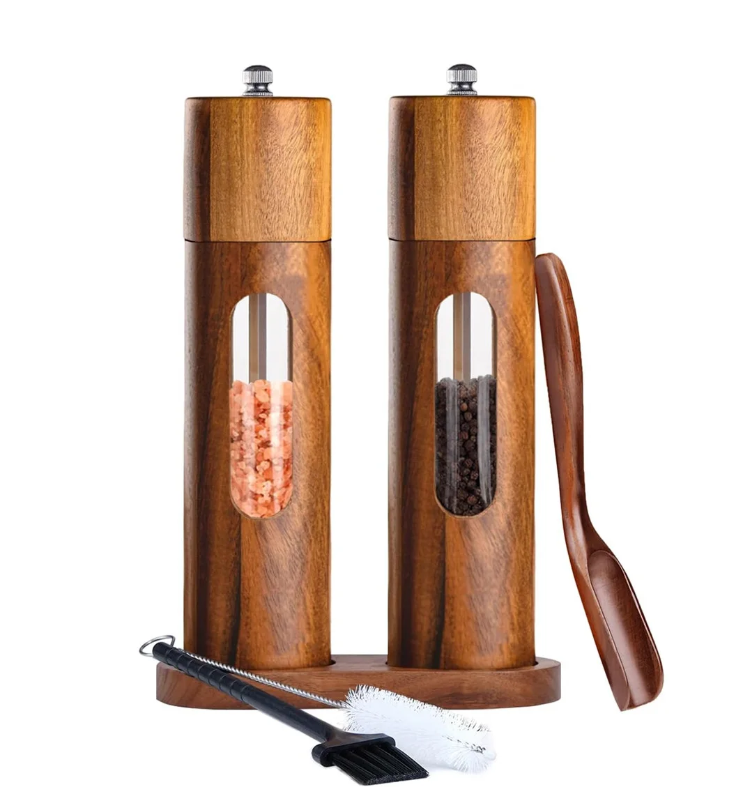 Wooden Salt and Pepper Grinder Set Manual Refillable Spice Mill