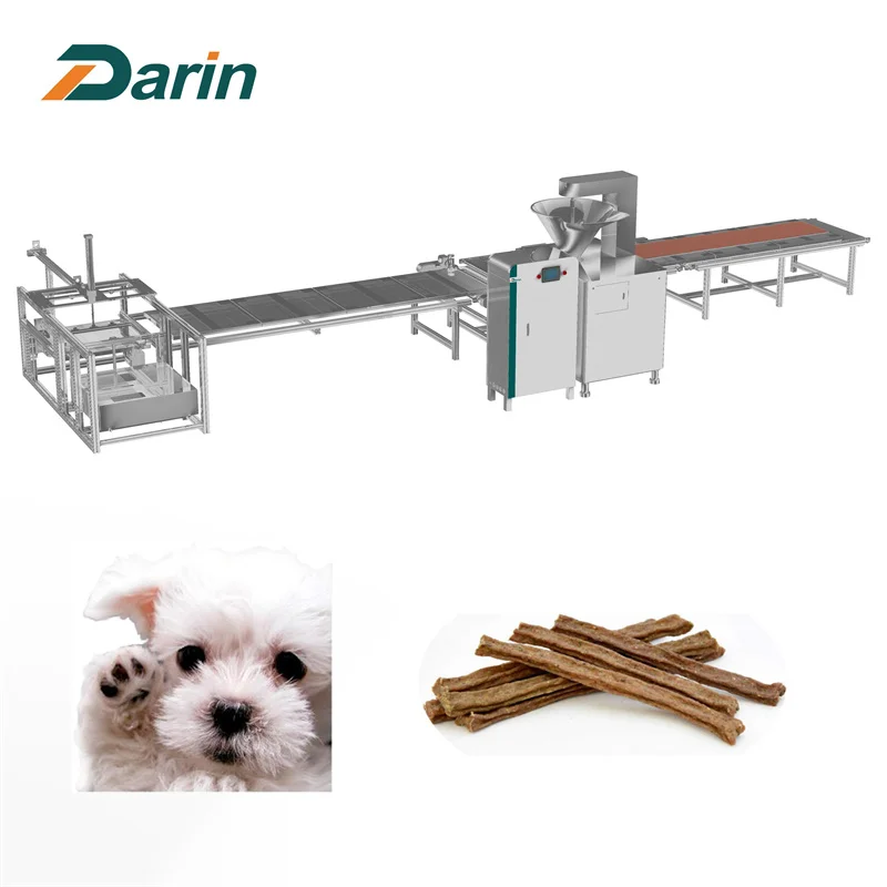 Fully automatic dog chewing meat sticks extruding cutting machine with auto tray loading system
