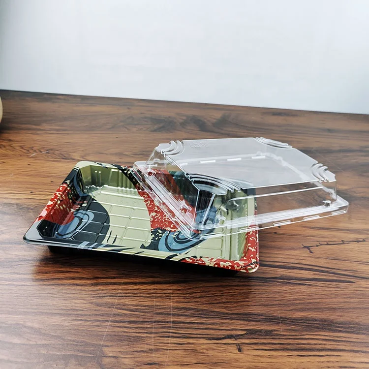 Customized Food Grade PET Material Food Storage Skin Pack Tray Disposable Plastic Sushi Container with Lids