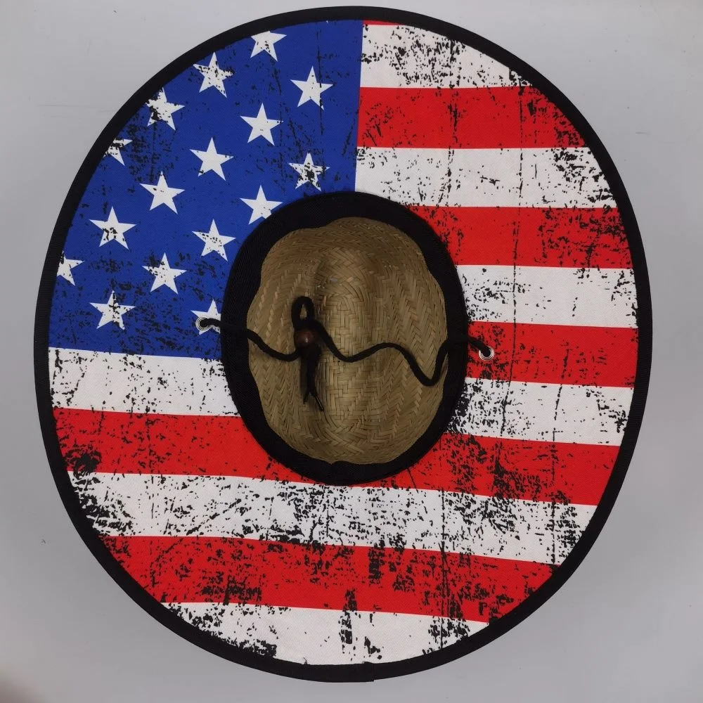 Wholesales wide brim men women summer printed sun beach lifeguard surf safari fishing woven usa american flag straw sun hat